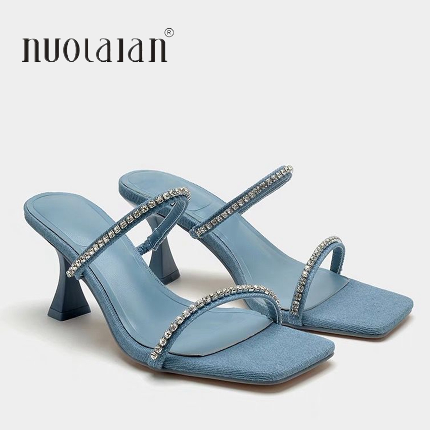 Women Shoes Jeans - Denim Rhinestone Heels Sandals Women Mules