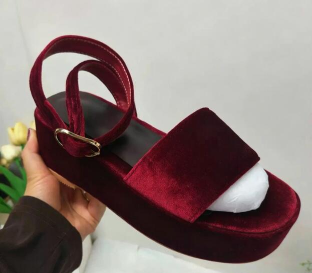 Ankle Strap Heels - Burgundy Velvet Round Open Toe Thick