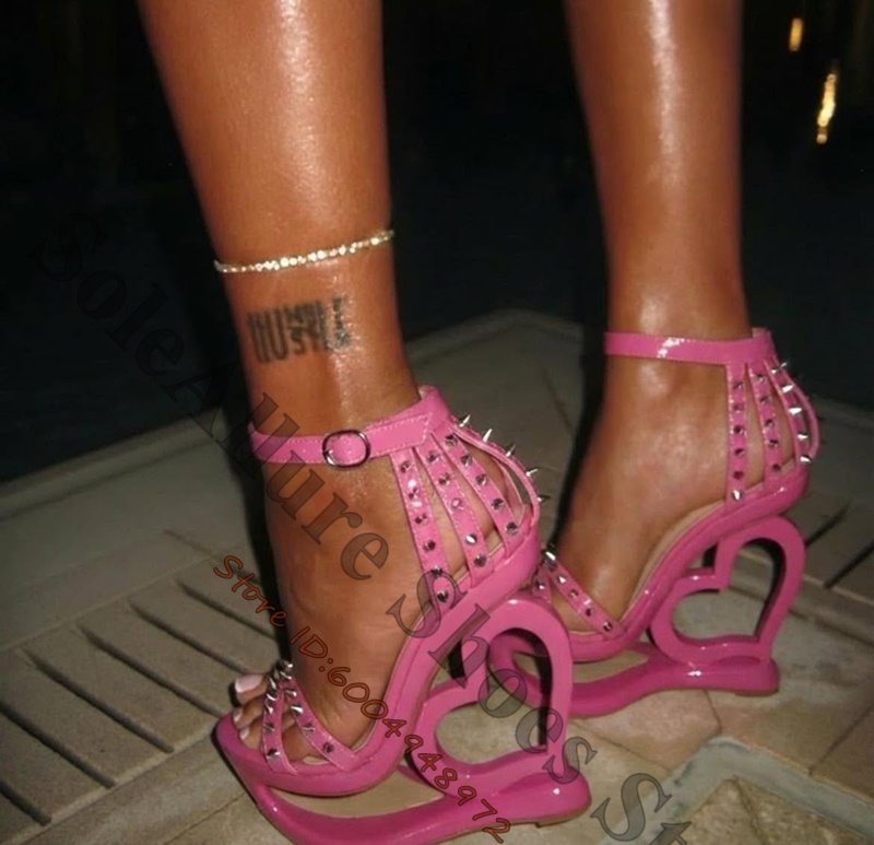 Ankle Strap Heels - Hot Pink Spike Stud Caged Heart