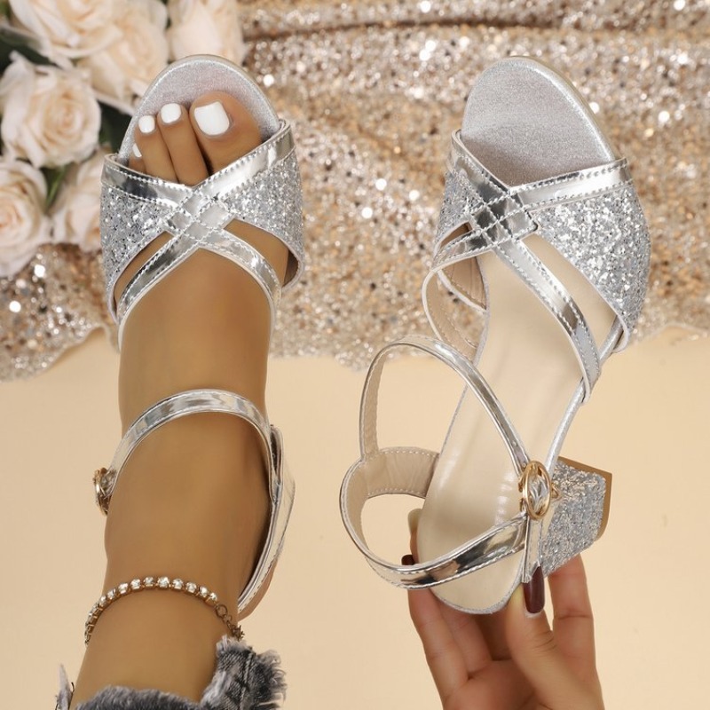 Ankle Strap Heels - Women Block Heels Sandals Gold Sparkly