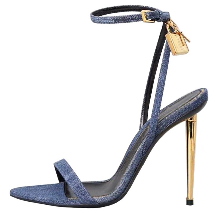 Women Shoes Jeans - Sharp Pointed Gold Lock Strappy High