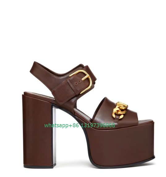Gold Chain Sandal - Lady gold chain buckle design platform