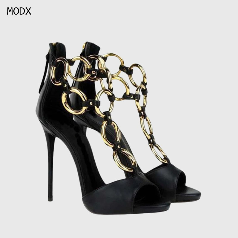Women Black Leather Gold Chain - Gold Chain Sandal recension och pris