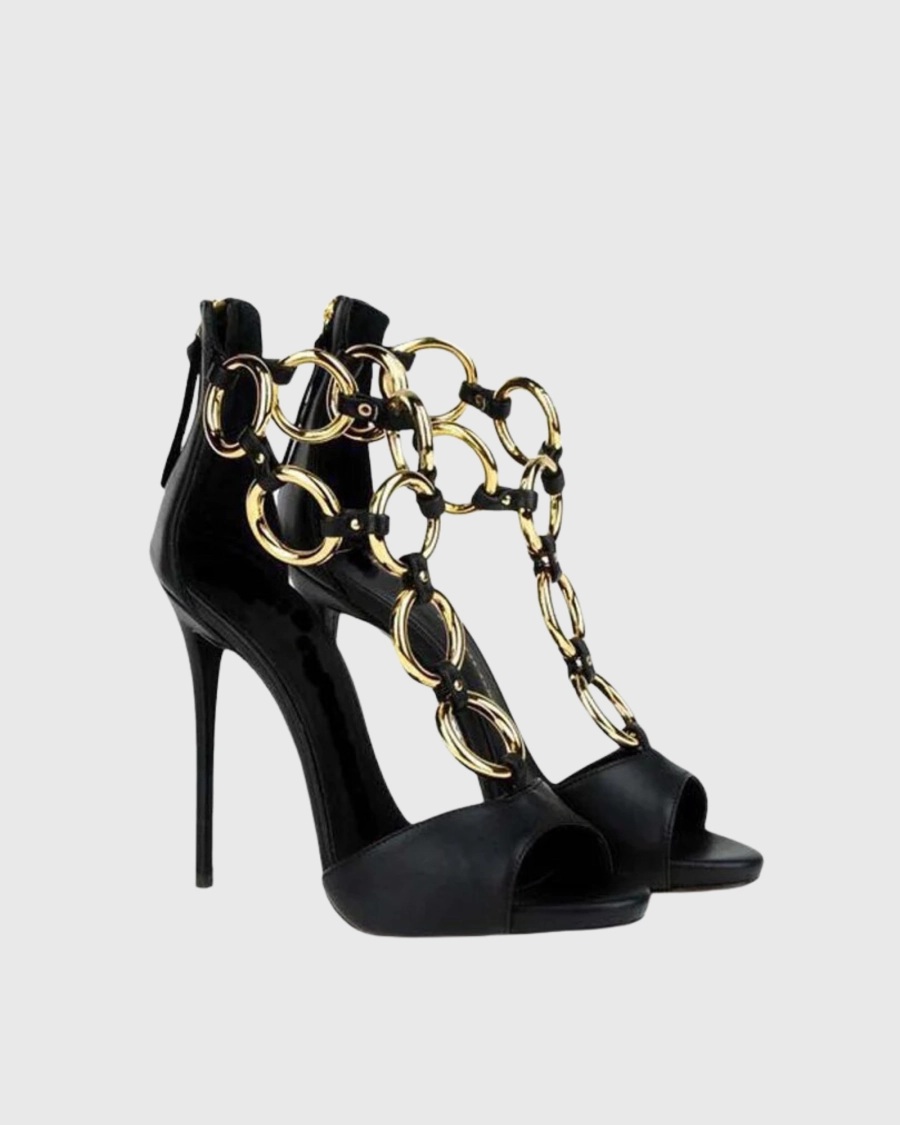 Women Black Leather Gold Chain - Gold Chain Sandal recension och pris